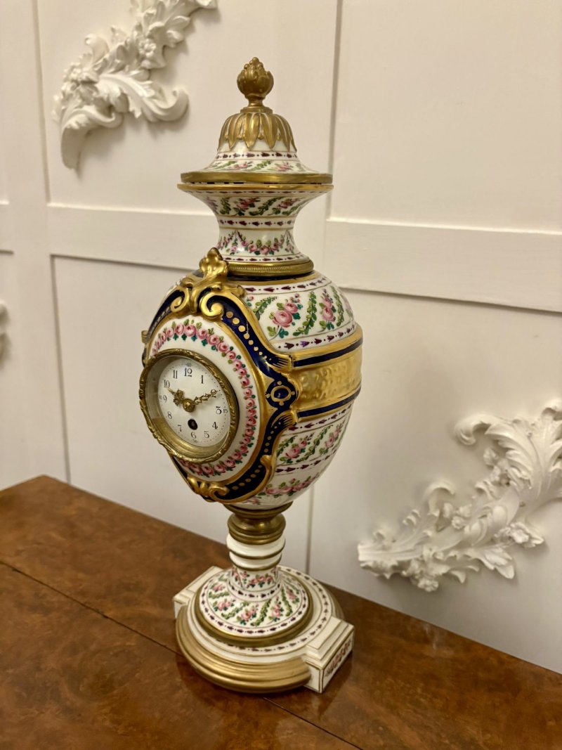 Outstanding Quality Antique French Victorian Hand-Painted Porcelain Urn Mantel Clock